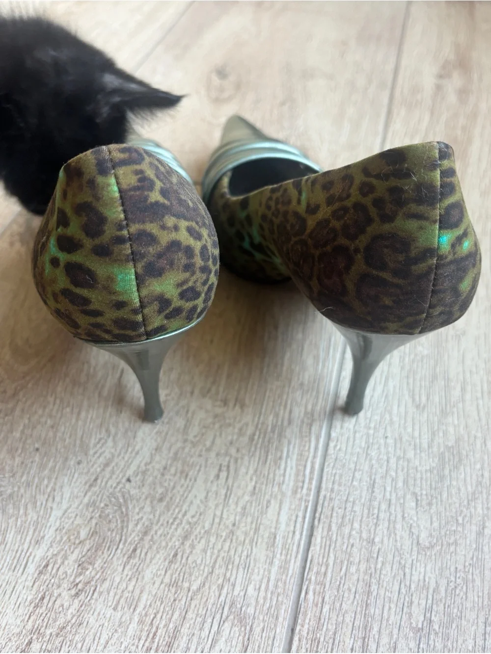 Marciano Leopard-Print Pointed Toe Pumps with Metallic Green Accents